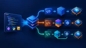 رسم توضيحي لمسارات تنفيذ الكود عبر Compiler وInterpreter وJIT في C# وPython وJavaScript