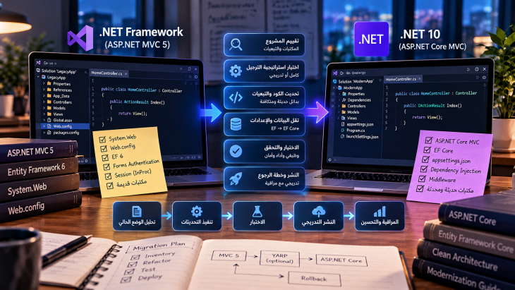 خطوات ترحيل تطبيق ASP.NET MVC 5 من .NET Framework إلى ASP.NET Core على .NET 10 مع الاختبار وخطة الرجوع