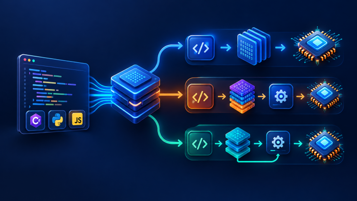 رسم توضيحي لمسارات تنفيذ الكود عبر Compiler وInterpreter وJIT في C# وPython وJavaScript